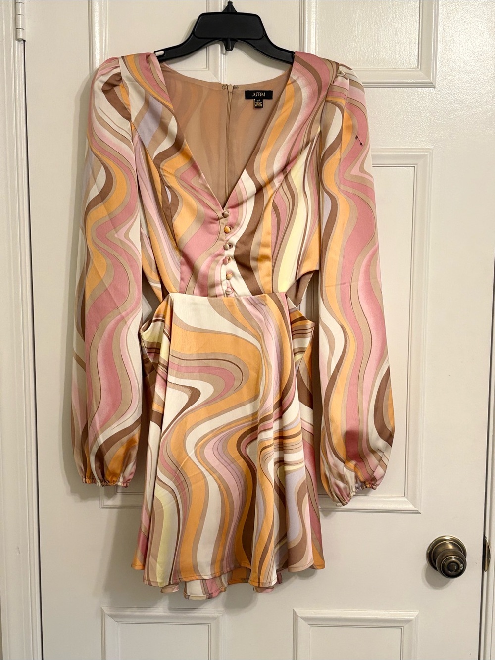 AFRM Satin Long Sleeve Swirl Mini Dress in Pink, Gold & Cream
